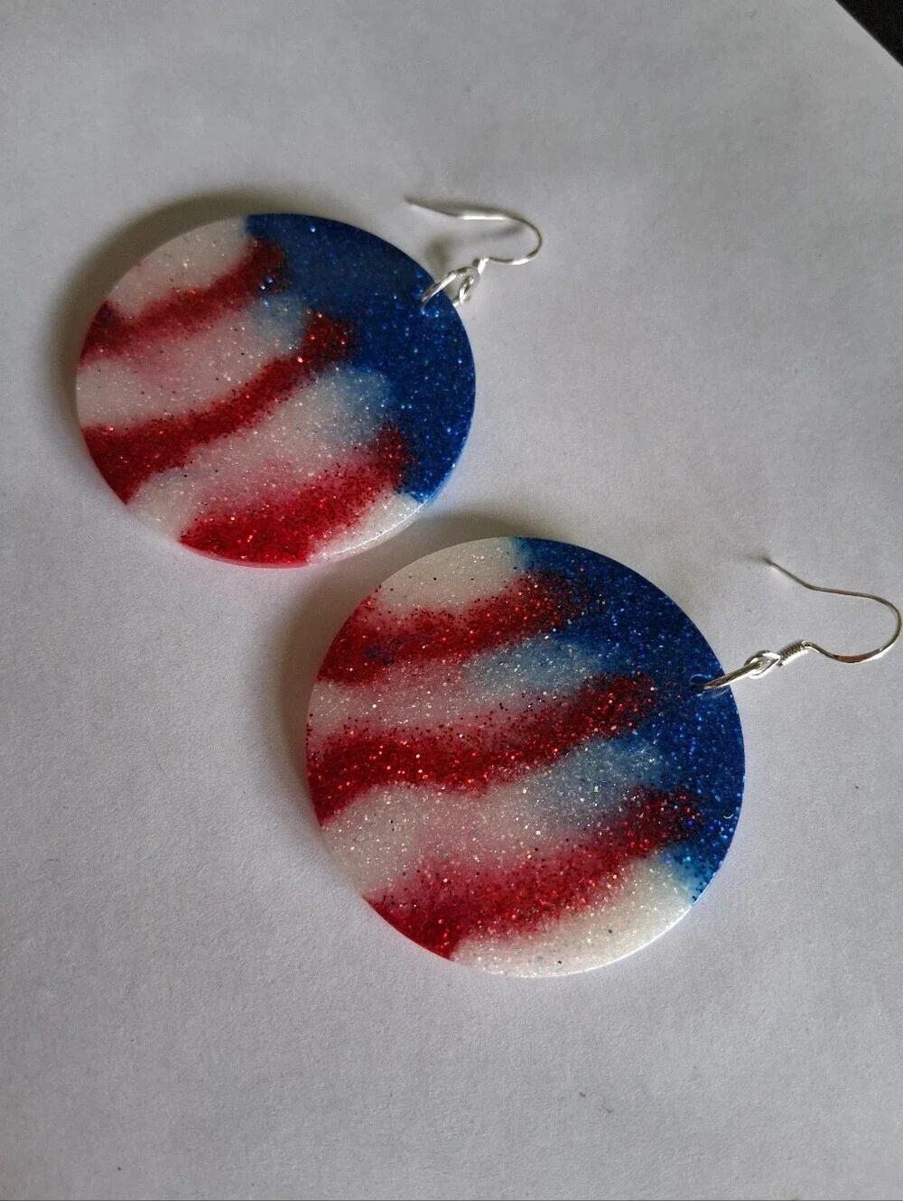 Hand Crafted Red White Blue Glitter Round Dangle Earrings